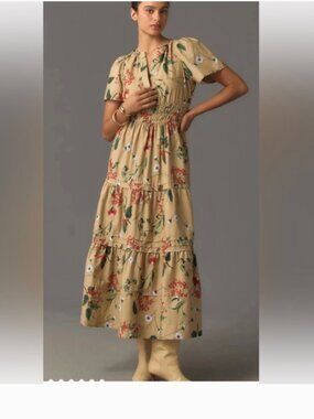 Anthropologie The Somerset Maxi Dress Cotton Tiered Khaki Floral Size XS